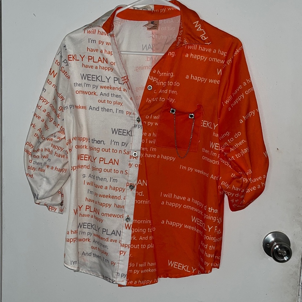 Orange and White Graphic Button-Up Shirt